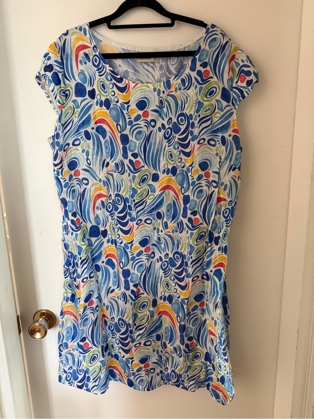 Linen Luv XXL Abstract Print 100 Linen Dress Blue Multicolor Coastal Resort